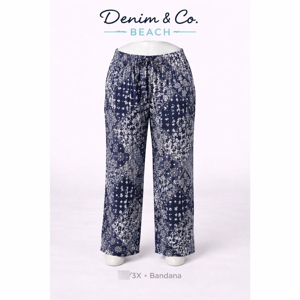 Denim & Co Womens 3X Beach Jersey Pants Wide Leg Bandana Print Pockets NWT